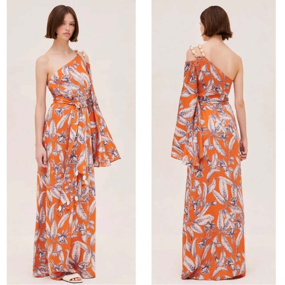 ALEXIS Randi One Shoulder Floral Maldives Orange Long Sleeve Maxi Dress Size XL